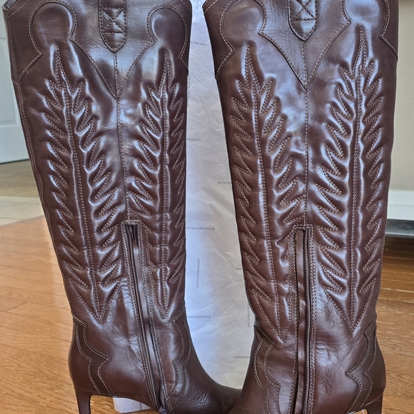 Anthropologie Brown Leather Knee-High Western Stiletto Boots. Brand New. - Picture 5 of 9